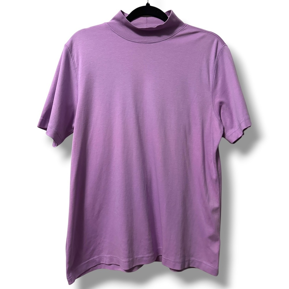 Lands End Womens Relaxed Cotton Mock Neck Lilac Purple Short Sleeve Turtleneck L